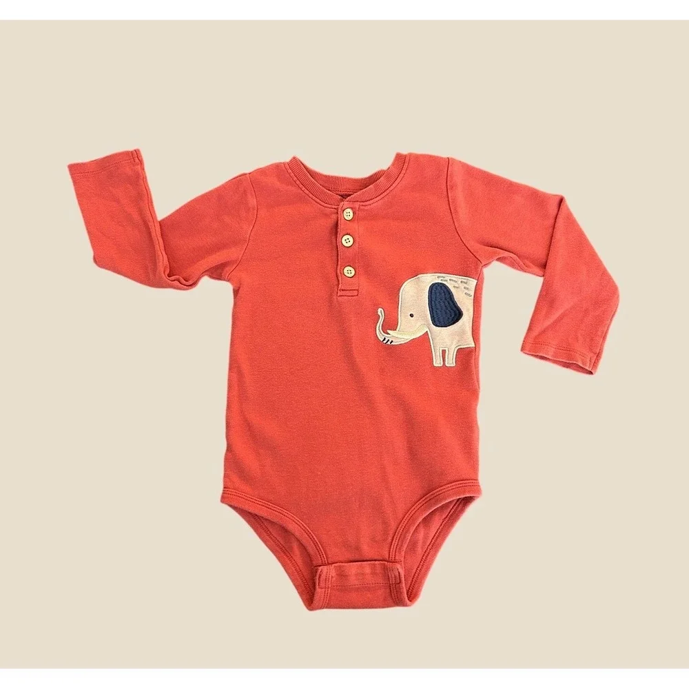Pekkle Baby Boys Red Elephant Henley Long Sleeve Bodysuit 24M 1337